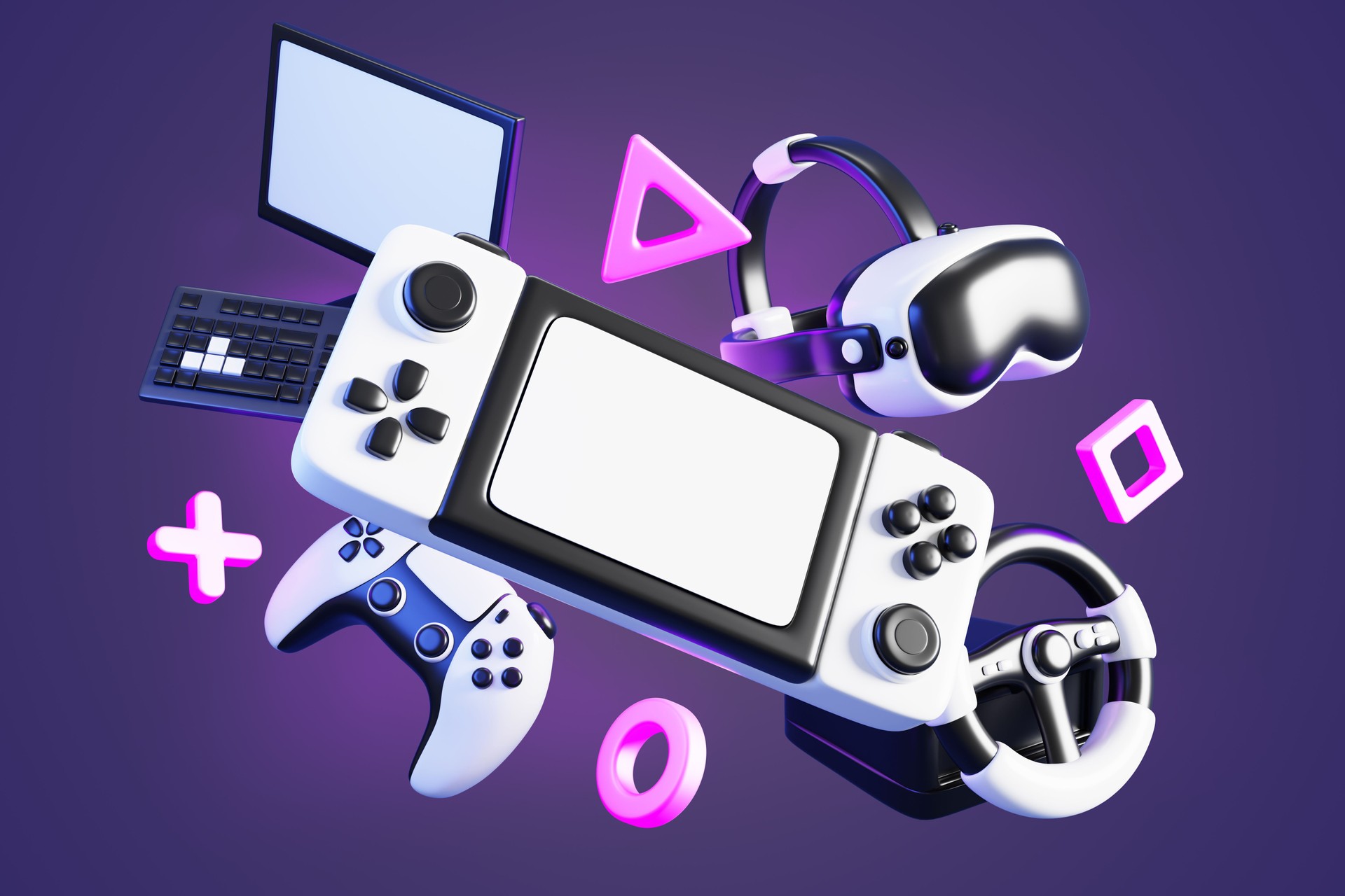 Gaming devices in neon light on dark background. Realistic 3d portable video game console, joystick, vr glasses, steering wheel, computer and flying buttons, render purple web banner